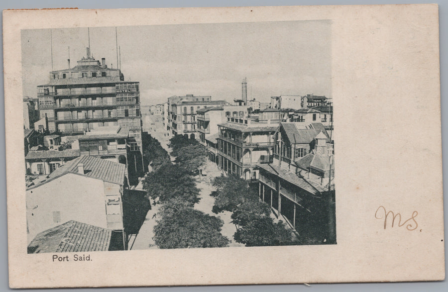 Port Said — Tree-Lined Street and Hotel