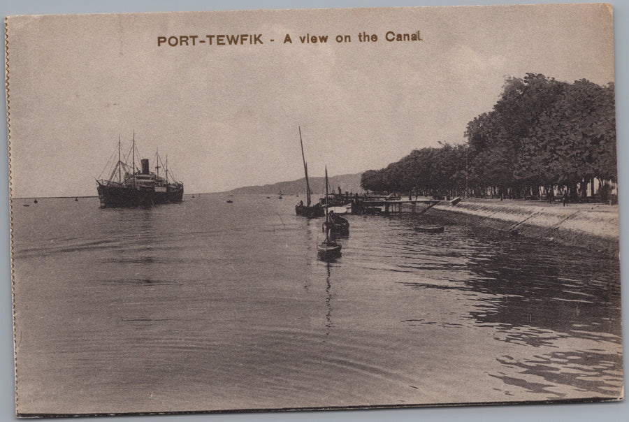 Port Tewfik — Canal View with Steamer and Tree-lined Bank