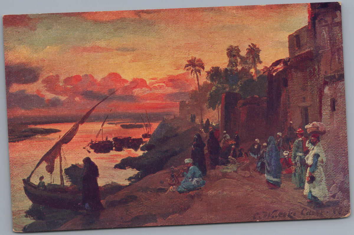 PC02201 front — Painted Nile Evening with Boats and Riverside Figures