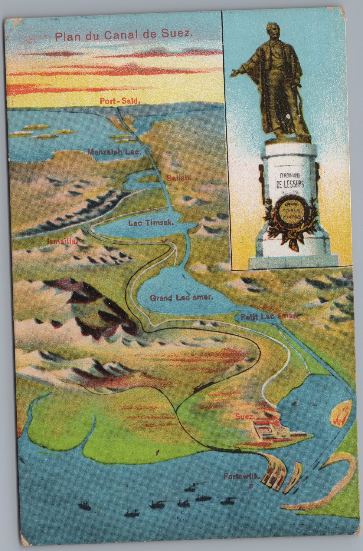 PC02225 front — Coloured Canal Plan with Lesseps Statue Inset