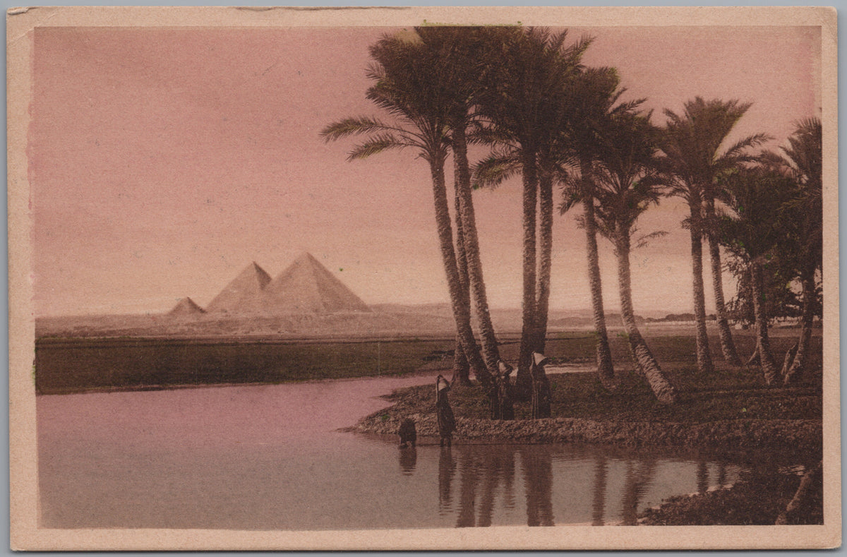 PC02417 front — Pyramids beyond Palms and Water