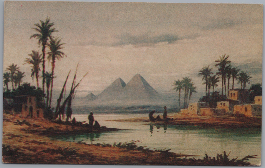 Giza — Pyramids across a Palm-Lined Waterway