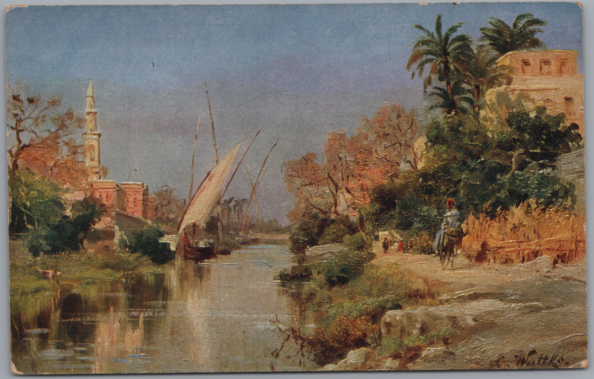 PC01374 | P38 | Egypt — Sailing Boat on a Tree-Lined Waterway — front