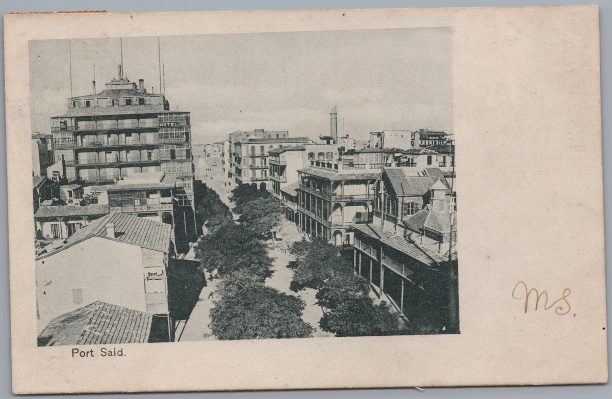 PC02001 front — Port Said — Tree-Lined Street and Hotel