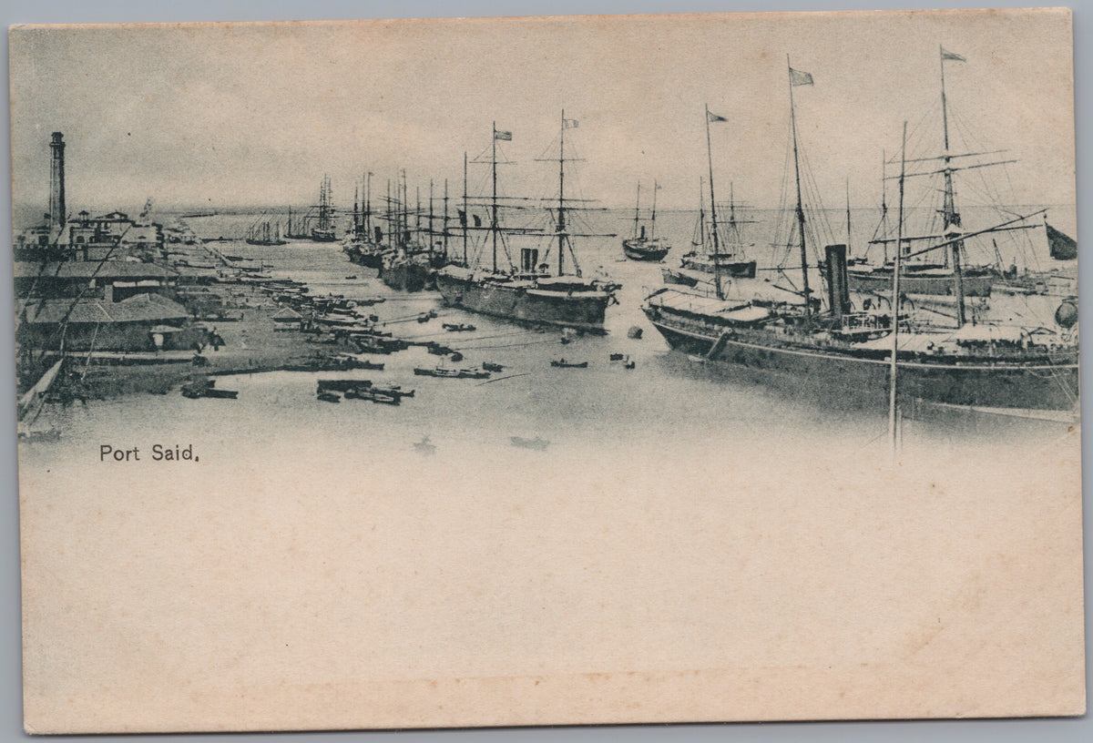 PC02003 front — Port Said — Ships and Lighthouse in the Harbour
