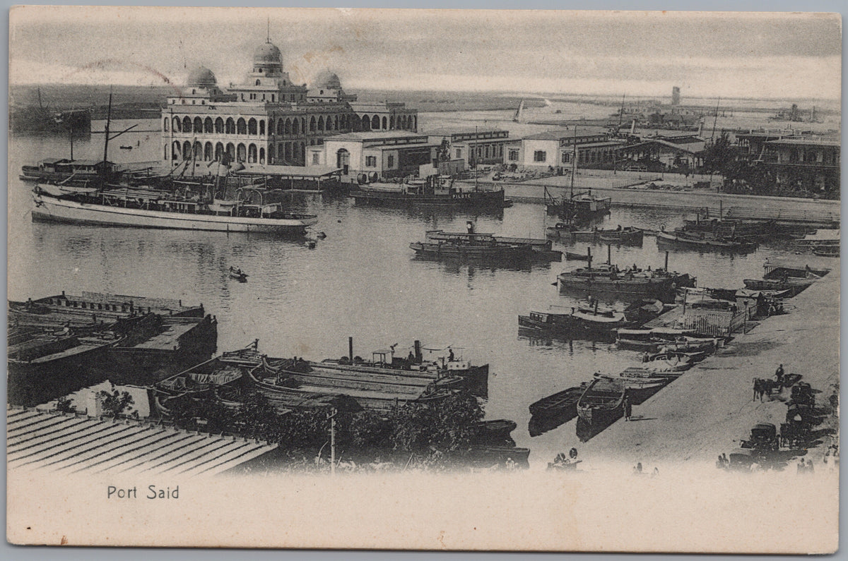 PC02008 front — Port Said — Harbour Boats and Domed Waterfront Building