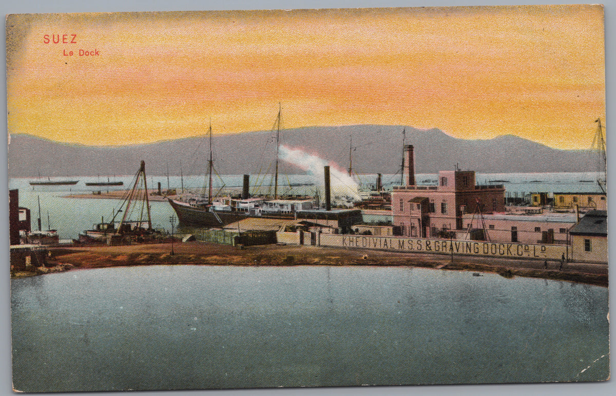 PC02103 front — Dockyard and Steamship beneath an Orange Sky