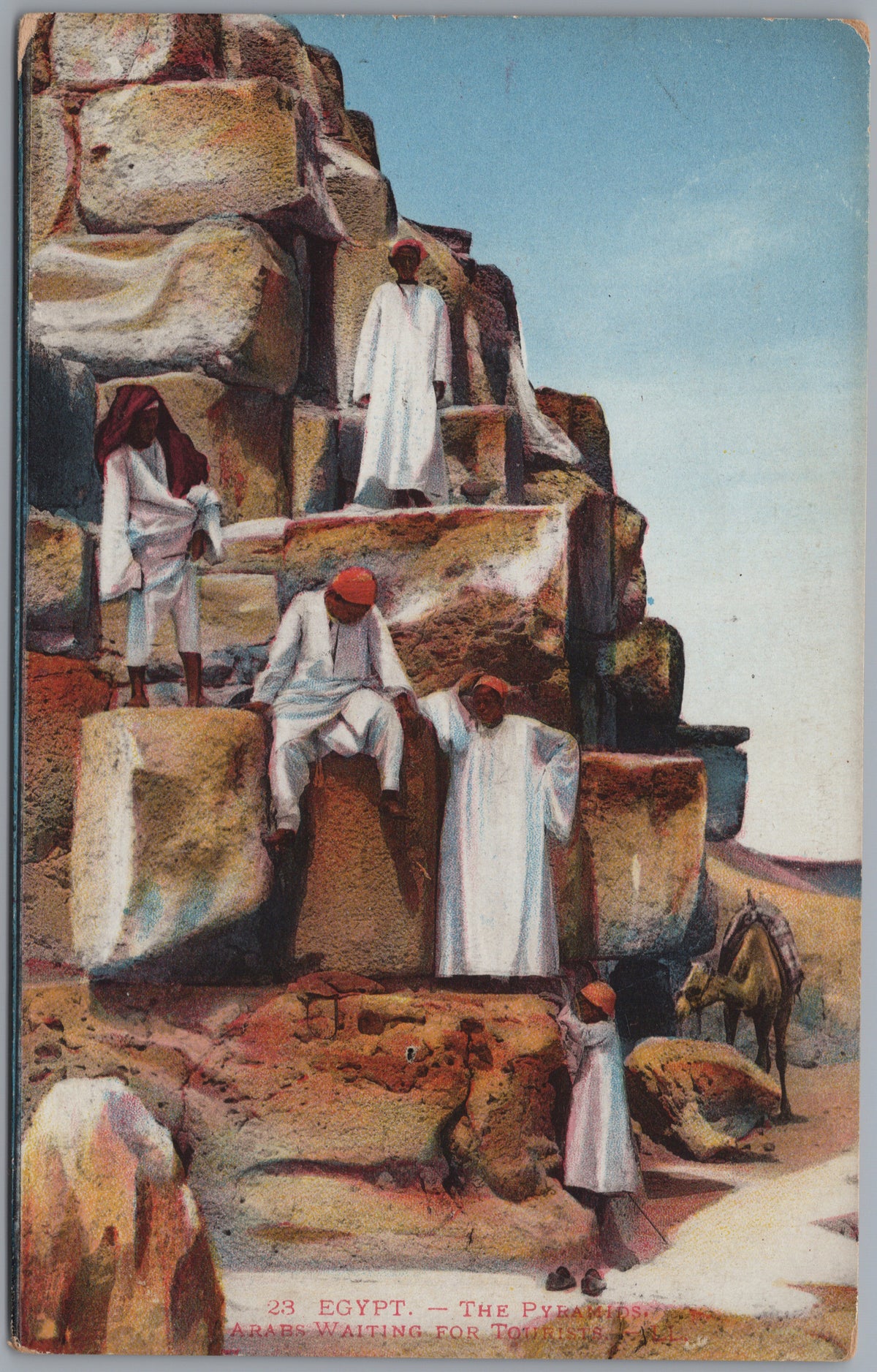 PC02125 front — Figures Waiting beside Large Stone Blocks