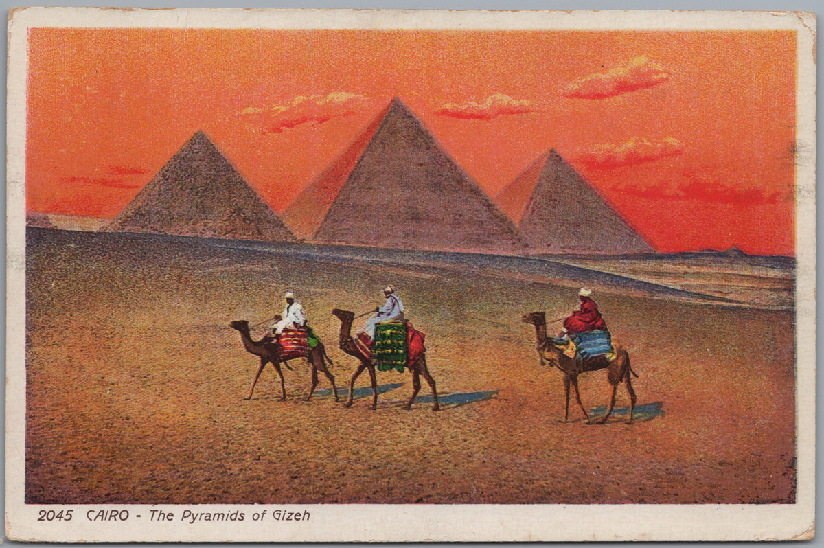 PC02131 front — Camel Riders before Pyramids under an Orange Sky