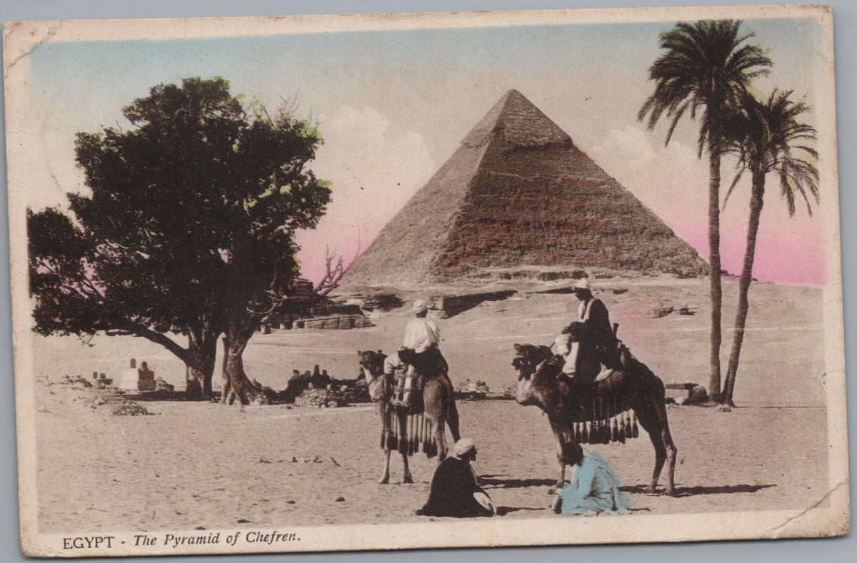 PC02156 front — Khafre Pyramid with Camel Riders and Palms