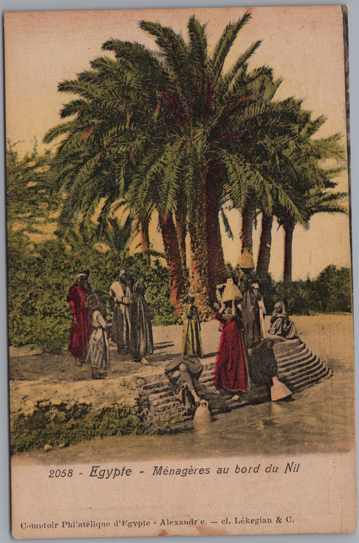 PC02165 front — Women beside Nile Steps and Palm Trees