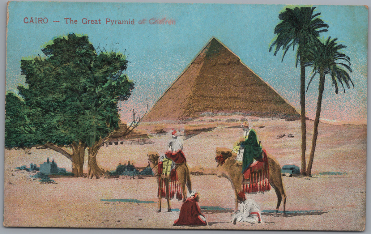 PC02190 front — Camel Riders beneath a Pyramid in Colour