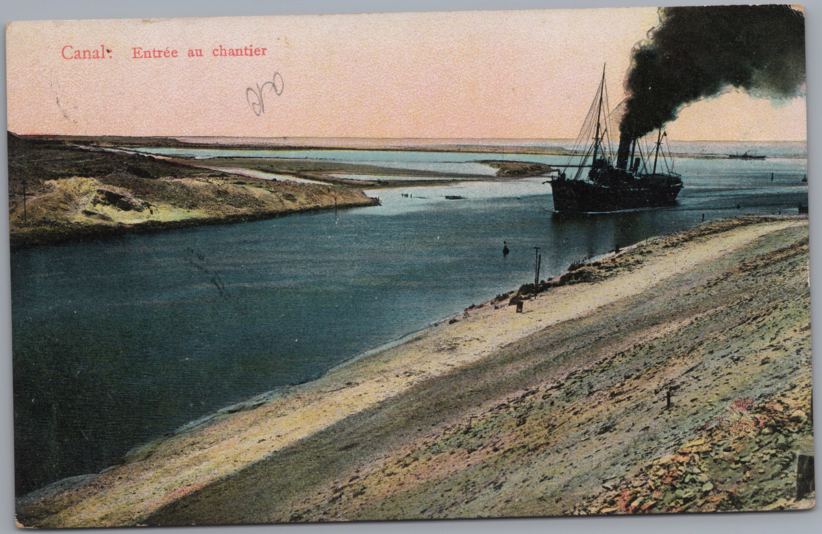 PC02325 front — Steamship at a Canal Worksite Entrance