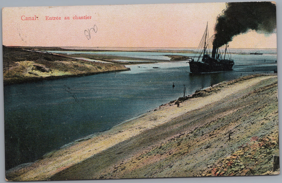 Suez Canal — Steamship at a Canal Worksite Entrance