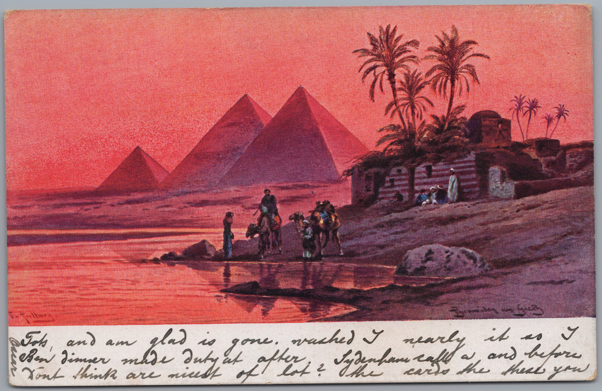 PC02412 front — Illustrated Pyramids at Sunset