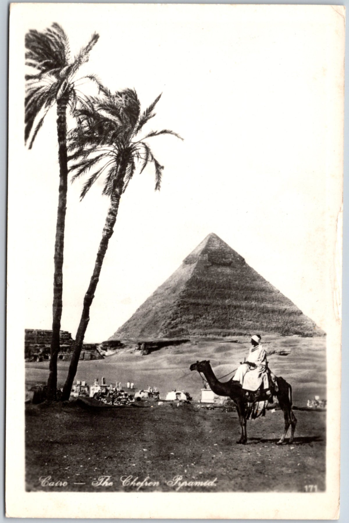 Giza — Pyramid of Chephren with Camel Rider — postcard front